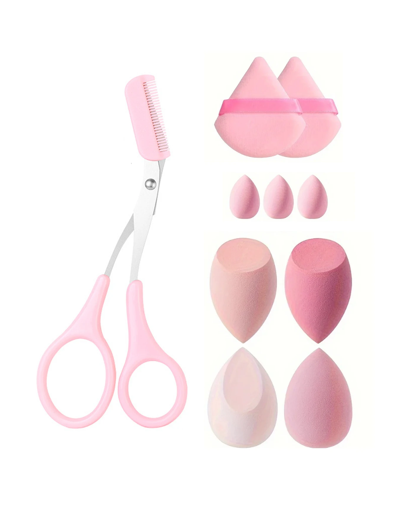 10 PCS powder puff set 1 eyebrow trimmer, beauty blender and mini beauty egg and 3-corner setting powder puff