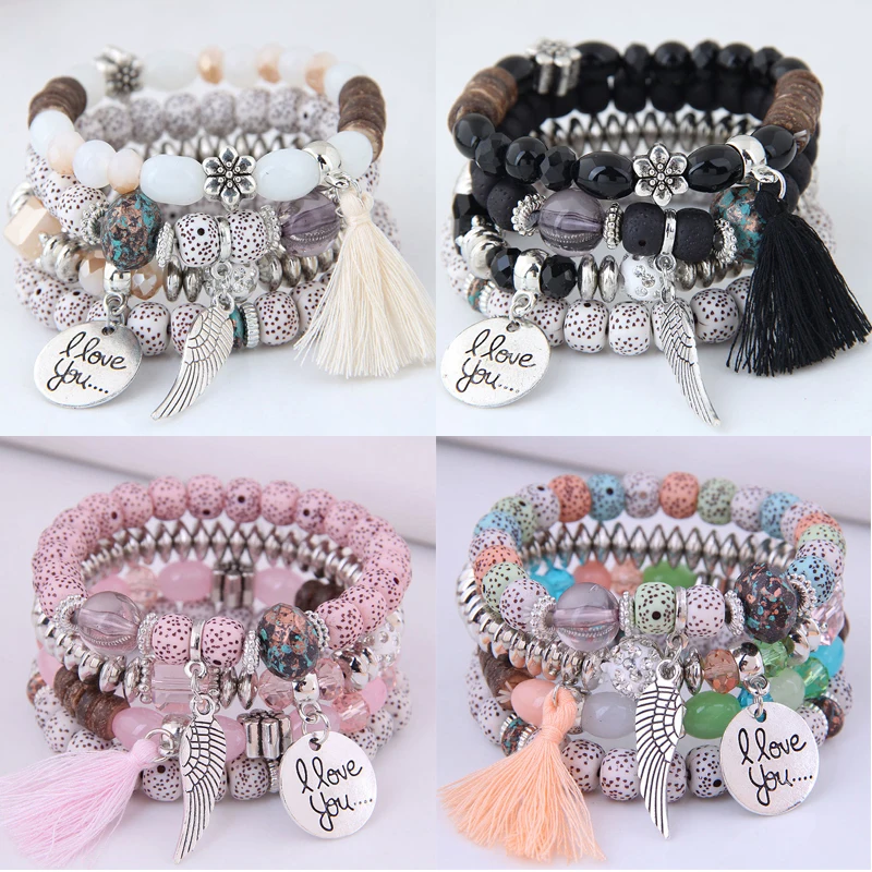 Bohemian Beads Charm Bracelets & Bangles for Women Fashion Love Feather Tassel Bracelet Multilayer Bracelet Femme New beaded bracelet
