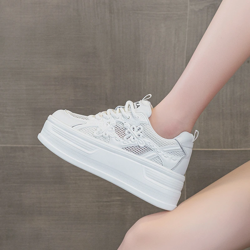 Womens White Mesh Platform Sneakers Breathable Thick Sole Casual Shoes With Flower Embroidery Lightweight Non Slip For Summer Da 3