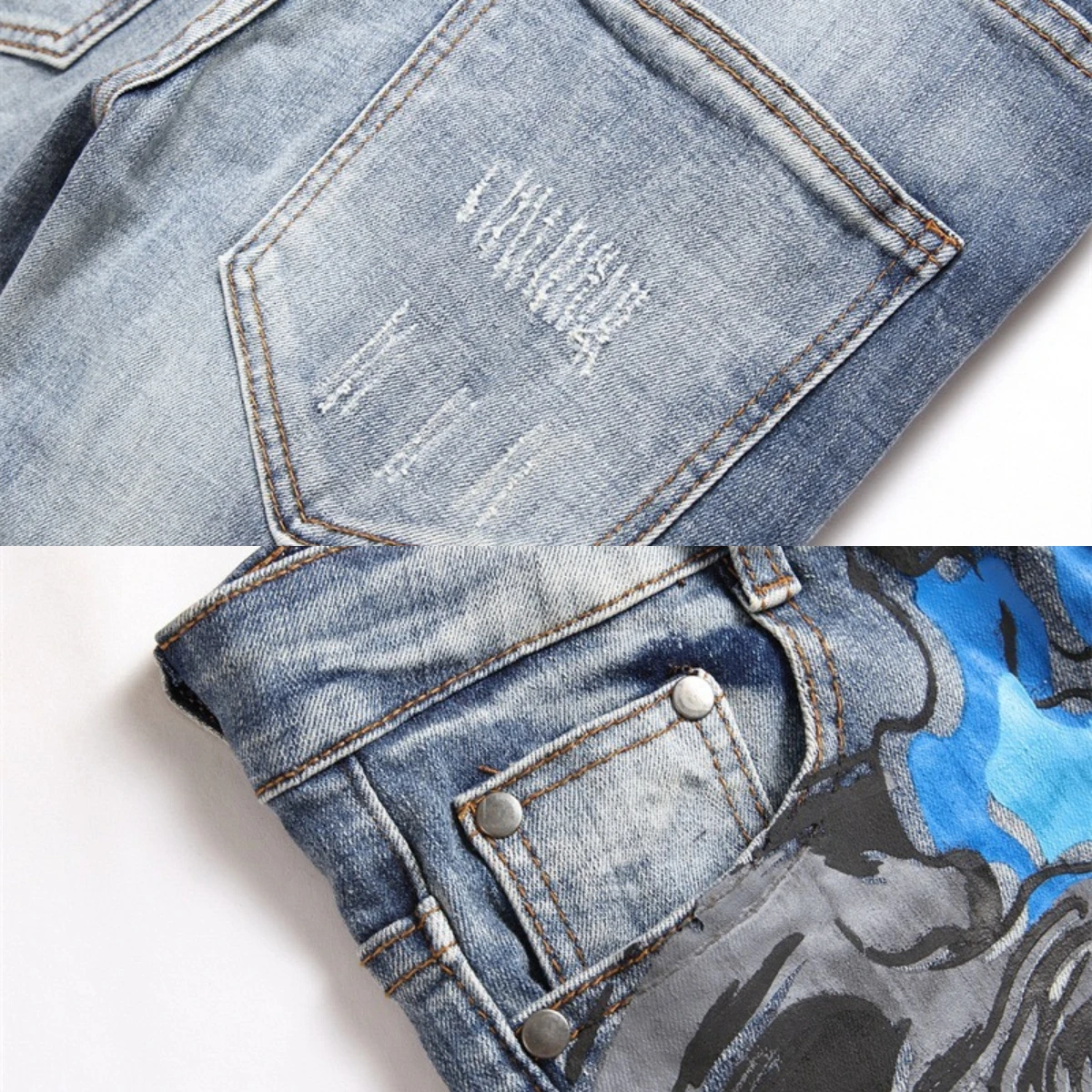 Broken Hole Jeans Men Graffiti Skull Embroidery Worn High Elastic 3D Inner Embroidery Zipper Bleached Slim Fit Pants Soft Feet24