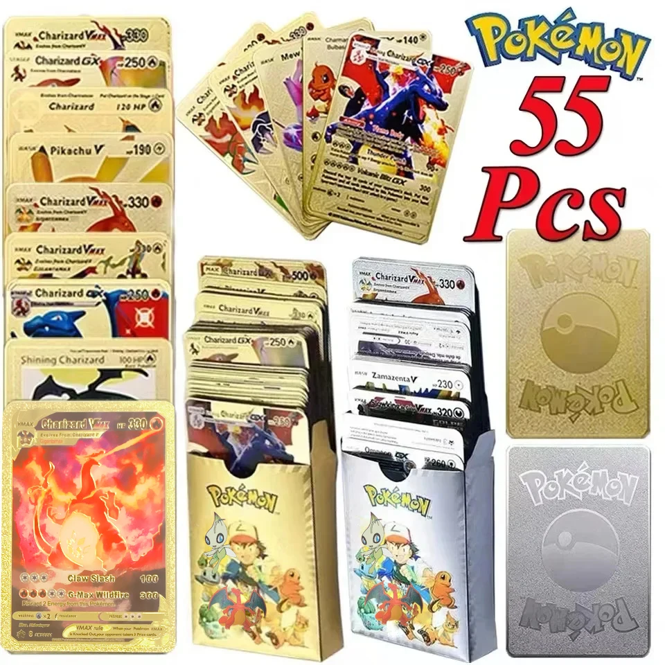 

27-110Pcs Pokemon Cara Spanish German Spanish English Metalicas Charizard Vmax Gx Gold Silve Foil Collectible Trading Card Gifts