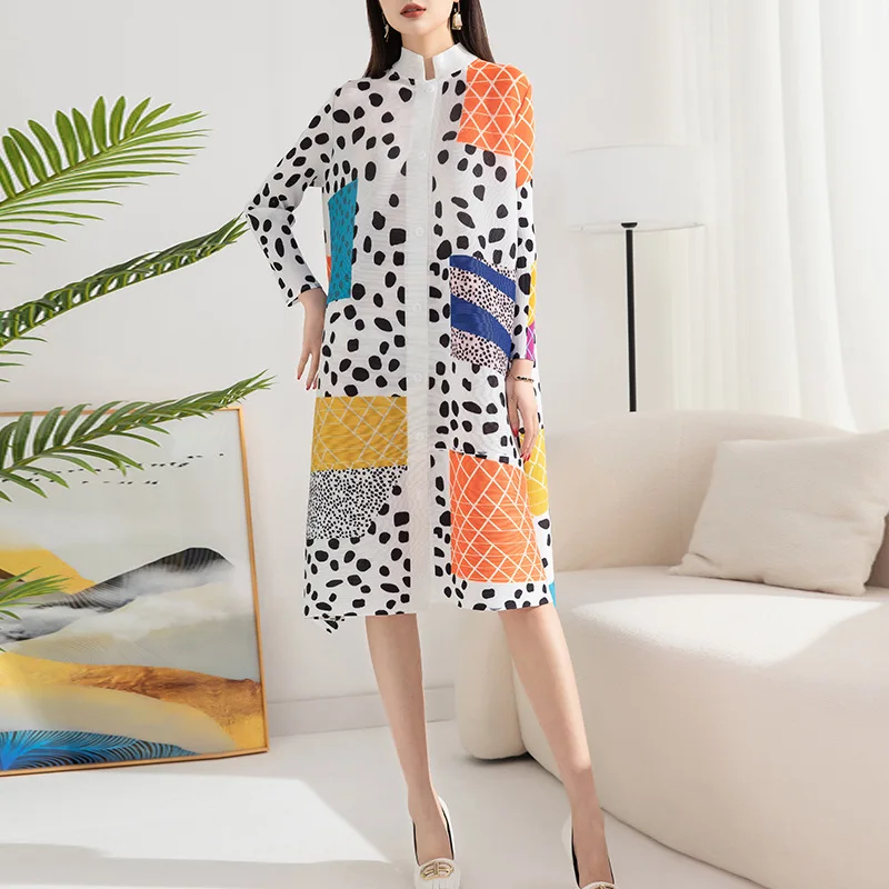 

Maxi Dress Pleated Polka Dot Printed Dress 2023 Summer Stand Up Collar with Loose Breasted Oversized Mid Length Outerwear Dress