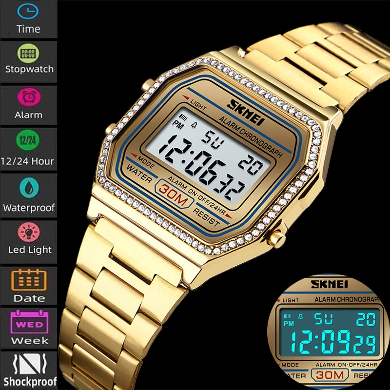 

Skmei Female Watch Fashion Rhinestone Dial Waterproof Led Chronograph Women's Digital Wristwatch Alarm Clock Relogio Feminino