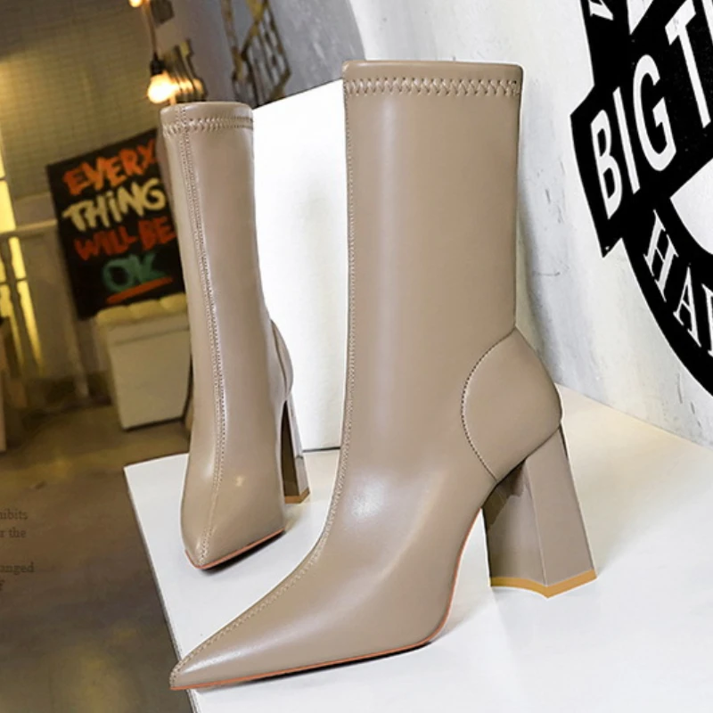 BIGTREE Shoes Fashion High-heeled Boots Pu Leather Boots Thick Heel Ankle Boots For Women Pointed Shoes Autumn Winter Boots 2023