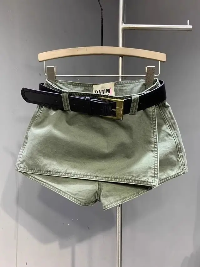 Retro Spice Girl Fake Two-piece Design Denim Shorts A-word Skirts Shorts Women Hot Pants