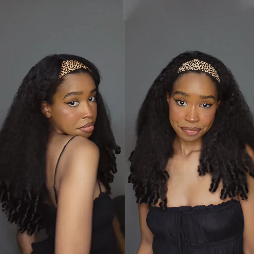Yaki Headband Afro Curly Wigs Synthetic Kinky Straight with Curly Ends Glueless No Leave Out Clip in Half Yaki Straight Wigs 5