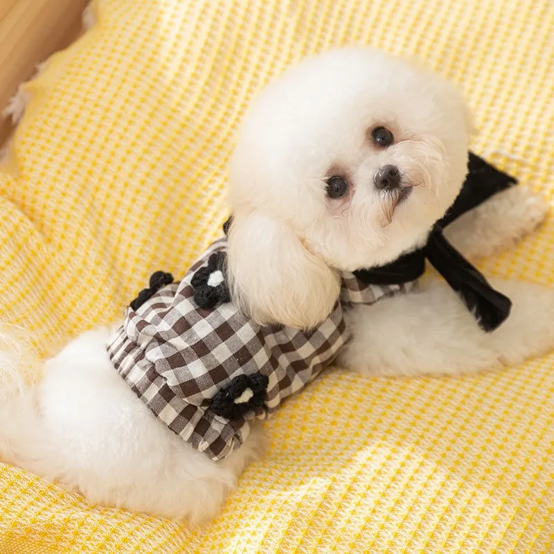 Three-dimensional Small Flowers Pet Cotton Coat Winter Thickened Warm Puppy Clothes Fashion Plaid Dog Clothing