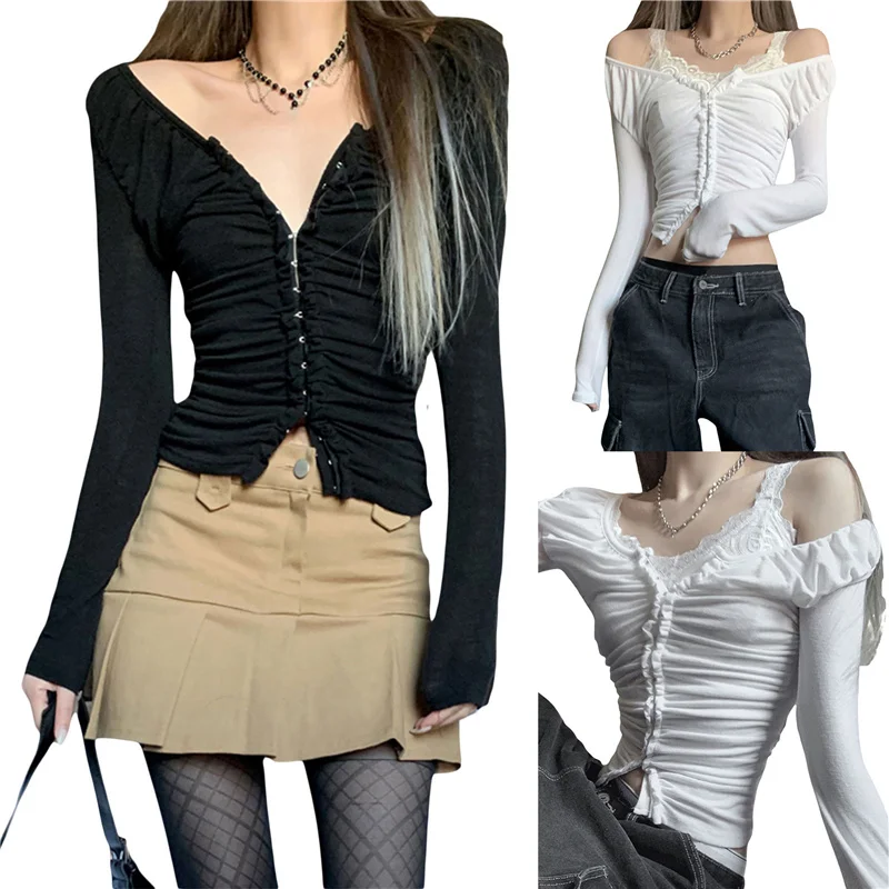

Women T-shirt Long Sleeve Crew Neck Buckled Pleated Slim Fit Ladies Tops for Casual Daily