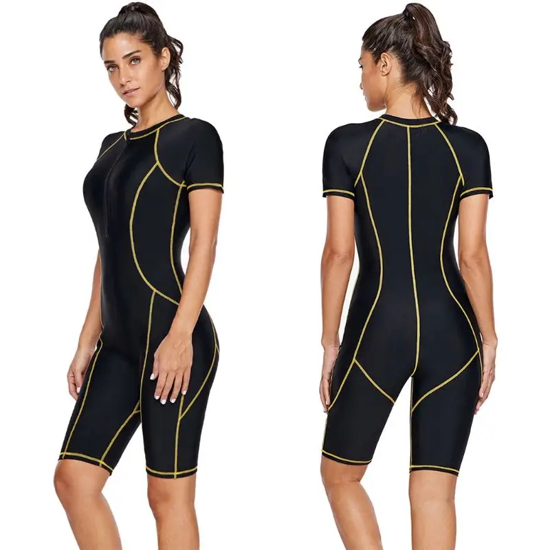 

Womens Plus Size One Piece Rash Guard Zip Front Boyshorts Snorkeling Surfing Swi
