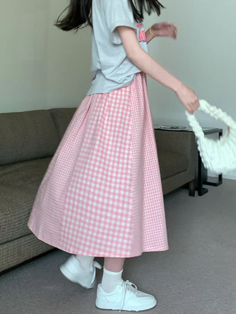 Gaodinglan Vintage Sweet Pink Plaid Print High Waist Women Skirt Summer Korean Versatile A Line Blue Splice Long Skirts Female