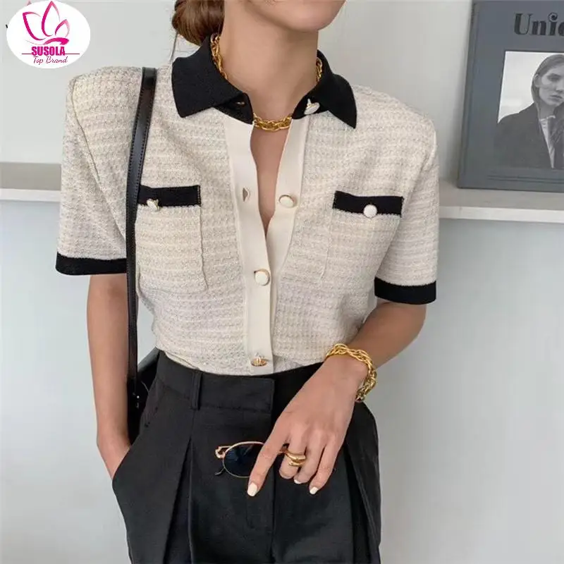 

SUSOLA Lady Summer Japanese Style Turn-down Collar Short Sleeve Thin Short-sleeved Ice Silk Knit Womens Shirt Coats Tops Blouses