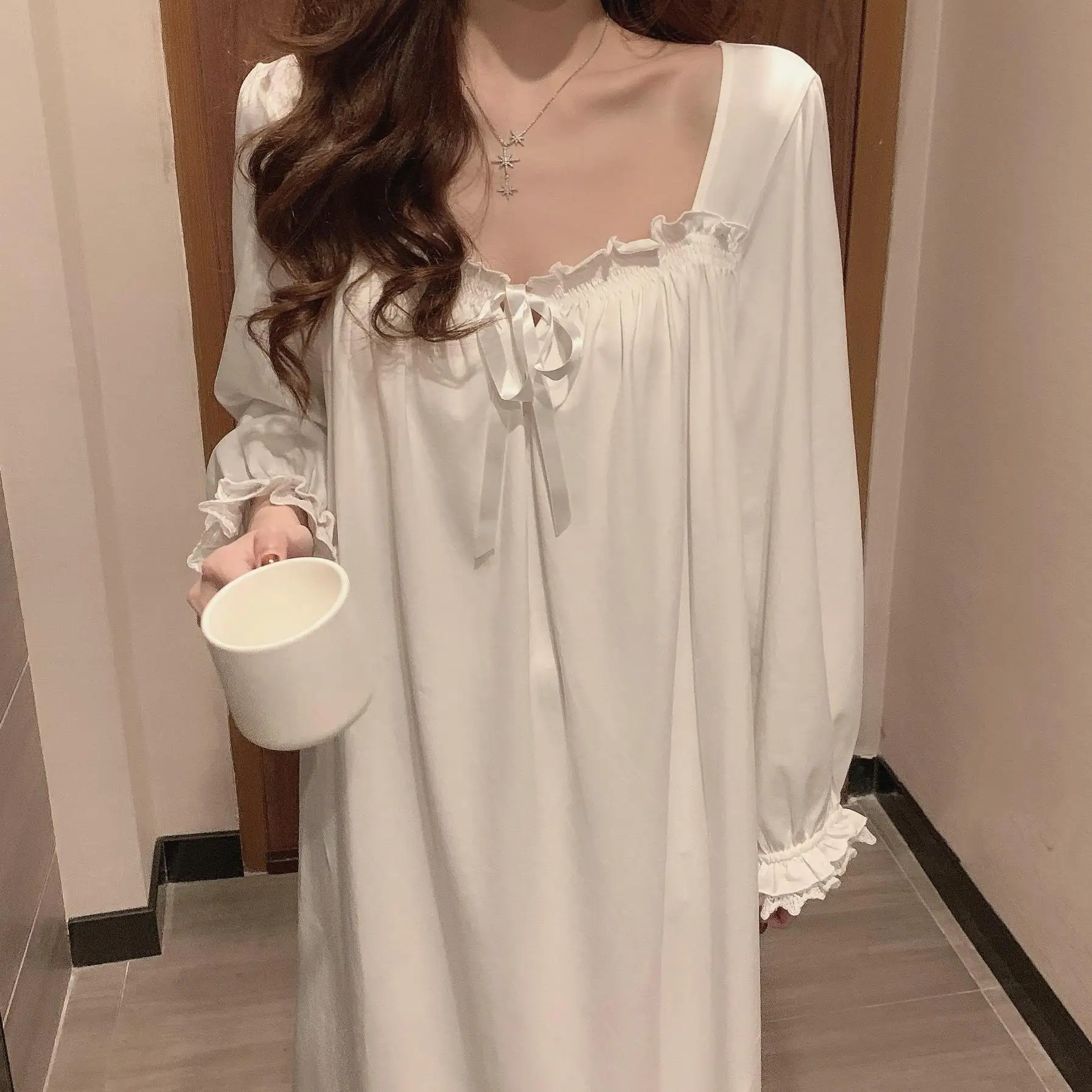 White Night Dress Women Korean Style Ruffles Pajamas Long Sleeve Solid Night Wears for Women Loose Nightgown for Sleep Ladies