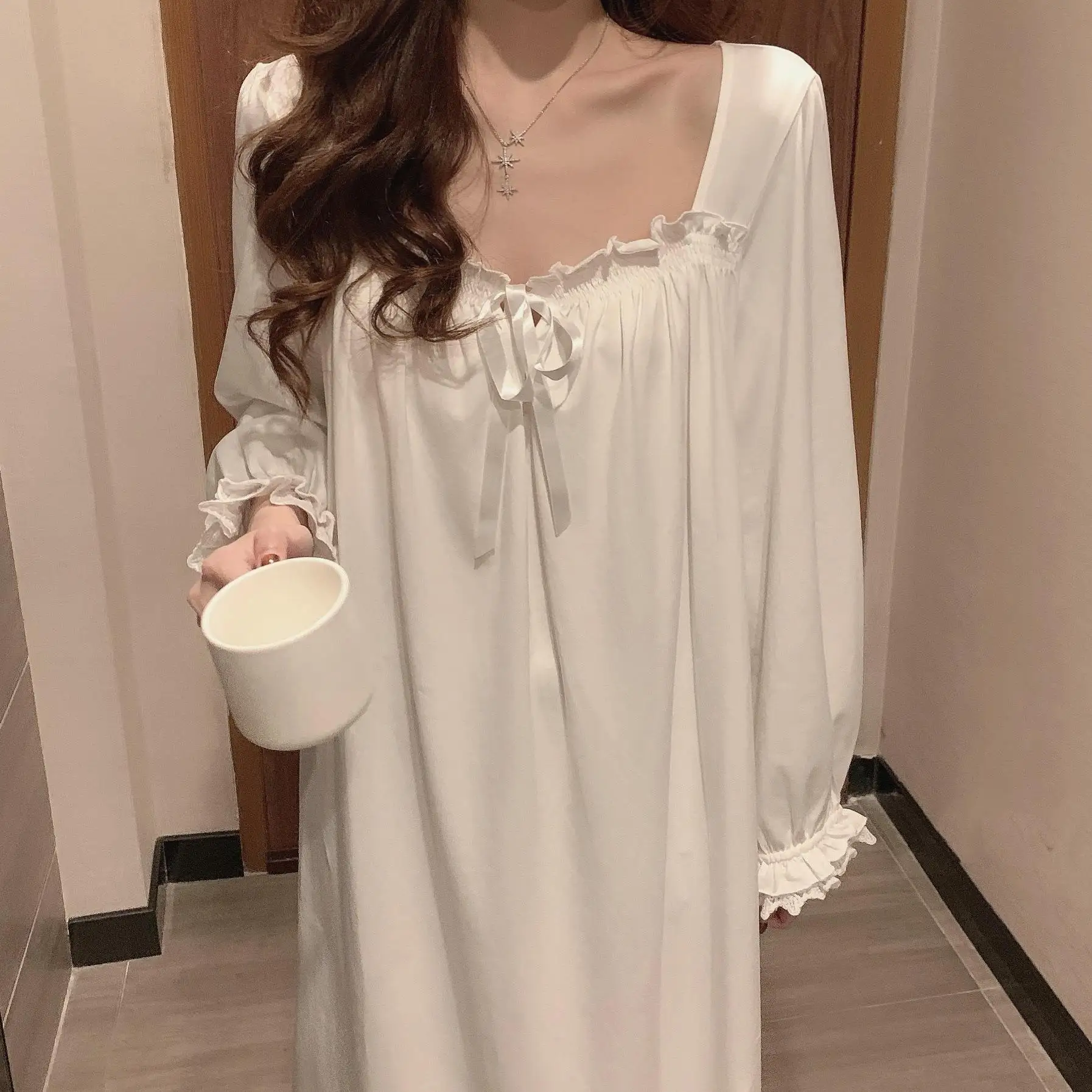 

White Night Dress Women Korean Style Ruffles Pajamas Long Sleeve Solid Night Wears for Women Loose Nightgown for Sleep Ladies