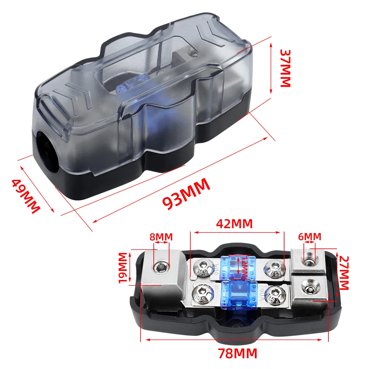 Power Distribution Block 2-Way ANL Fused 1 X 0/2/4 Gauge in & 2 X 4/8 Gauge Out with 60A 80A 100A Fuses