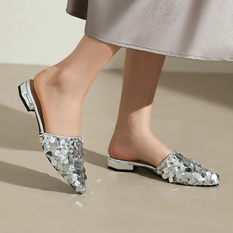 

Big Sequins Glitter Shiny Bling Silver Black Closed Toe Women Slippers Chunky Low Heels Big Size 47 48 Slides Sandals Mules