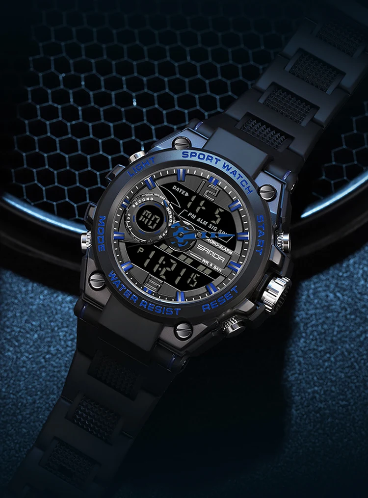 SANDA New Fashion Military Sports Watch Dual Display LED Date Digital Watches Waterproof Men's Quartz Watch Relogio Masculino