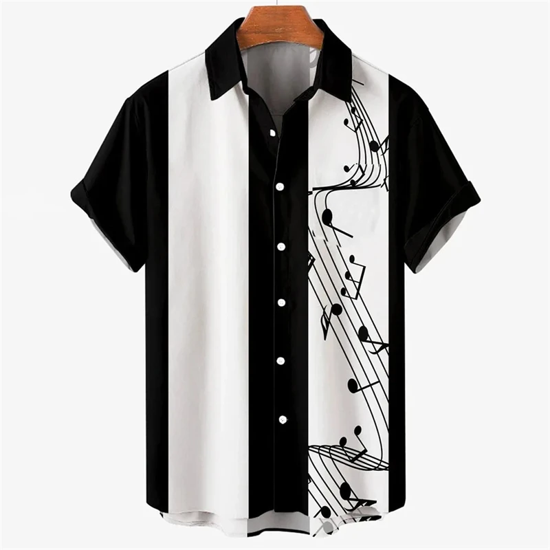 thumbnail image 1 of Camisa de verano para hombre 2024, camisetas hawaianas de manga corta con estampado de notas musicales para niños y niñas, camisetas de viaje para la playa, ropa informal con solapa, 1 of 4