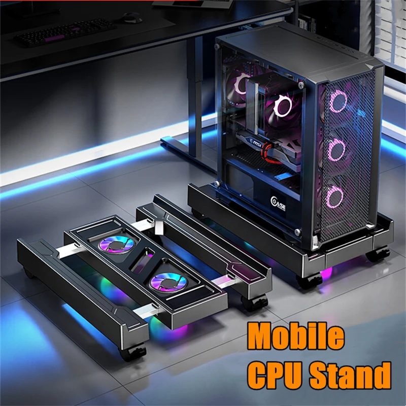 PC Tower Stand Mobile PC Tower Stand Adjustable Computer CPU Holder with RGB Cooling Fan