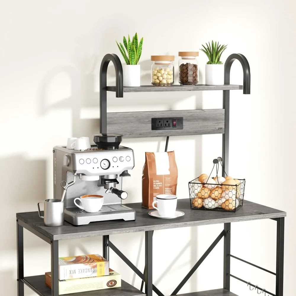 JAMFLY Bakers Rack with Power Outlet, Microwave Stand, kitchen Storage Shelf with 6 Hooks, Coffee Bar Station with Wire Basket, 2