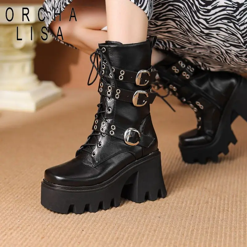 

ORCHA LISA Punk Women Short Boots Rivets Chunky Heels 9cm Platform 5cm Zipper Lace Up Belt Buckles Big Size 43 44 Retro Bota