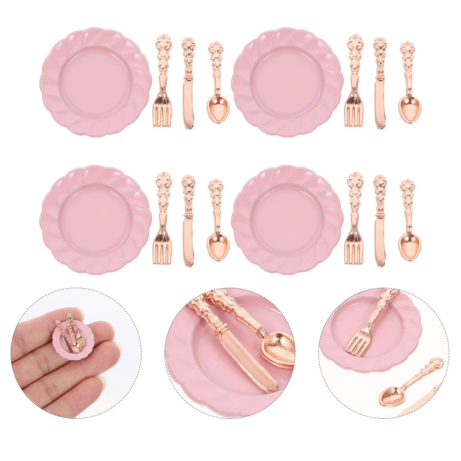 Mini Dollhouse Plate Set Tableware Spoon Dish Dinnerware Miniature Kitchen Fork Accessories Play Plates Pretend Model Doll House 1set 1 12 dollhouse miniature coffee cup plate fork spoon bowl tableware model kitchen decor toy