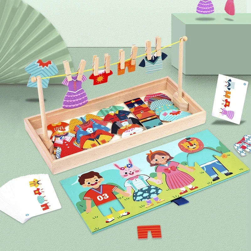 Drying Rack Clothes Dress-Up Jigsaw Puzzle Logical Thinking Matching Sorting Educational Game Kids Montessori Wooden Toys Girls 3