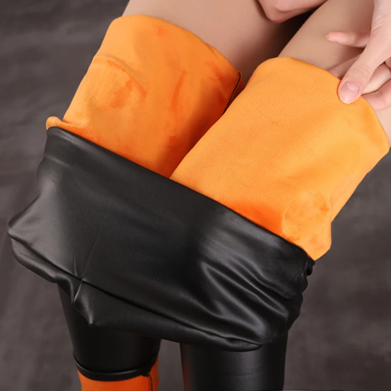 

Plush And Thick Insulation PU Leather Pants For Women High Waist Gold Velvet Super Soft Explosion-proof And Crack Proof Trousers
