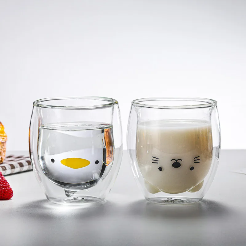 

Double Glass Cup with Cartoon Bear Modeling Household Coffee Cup Juice Cup Milk Cup, Net Red, Cat CCModeling