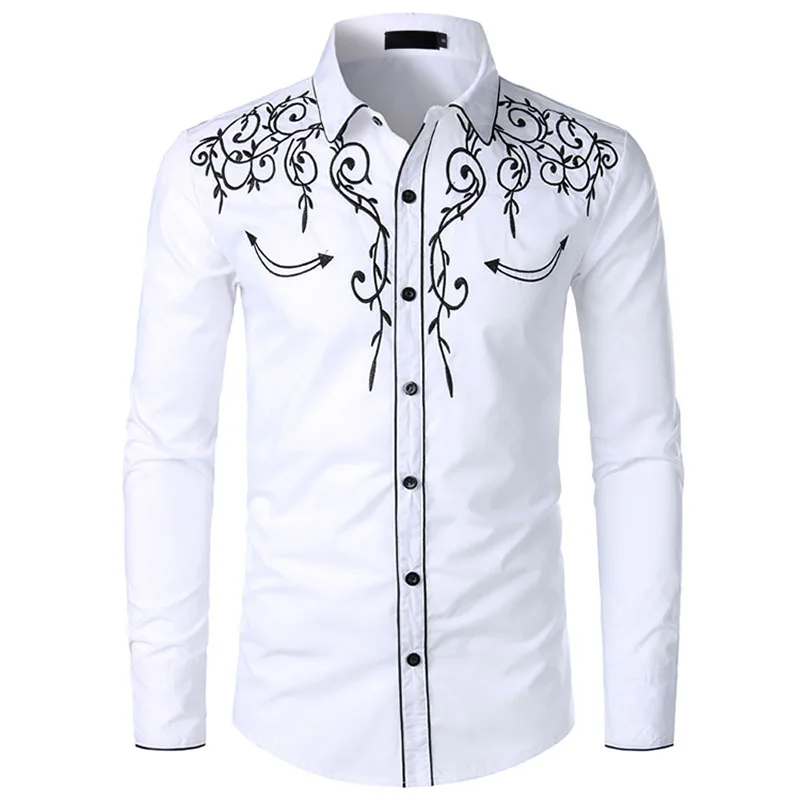 Cotton Shirt Long Sleeve Shirt Men Casual Shirt Western Cowboy Embroidery Shirts Men Casual Long Sleeve Slim Fit Shirt Male Wedding Party Social Men's Club Prom Chemise Homme