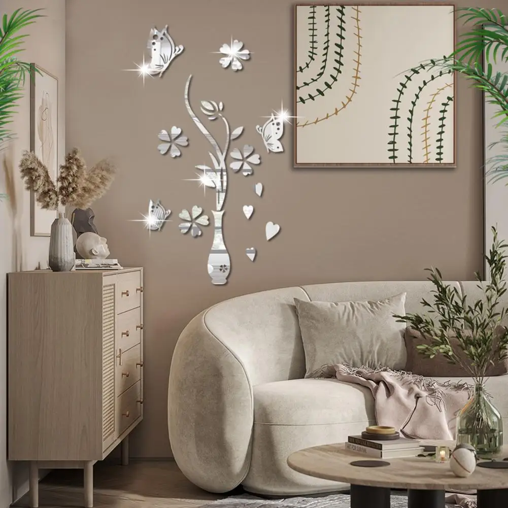 Elements Murals Home Decoration Mirror Surface Wall Sticker Charming Acrylic Vase Flower Butterfly