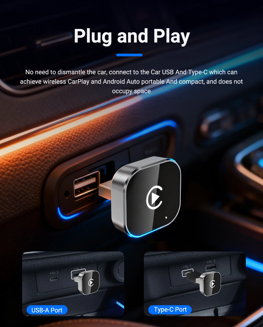 Neuer kabelloser Carplay/Android Auto Adapter 5GHz WiFi Smart Dongle 2in1 für Volvo Benz Audi Kia Hyundai VW Mazda Cadillac Peugeot – Detail 5