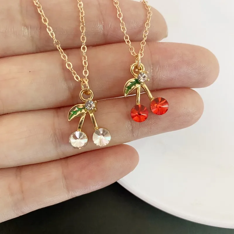 Kırmızı Kristal Kiraz Kolye Kolye Kızlar için Sevimli Moda Altın Renk Köprücük Kemiği Zincir Hediye Takı Bir Dilek Kolye Olun_voghion.com