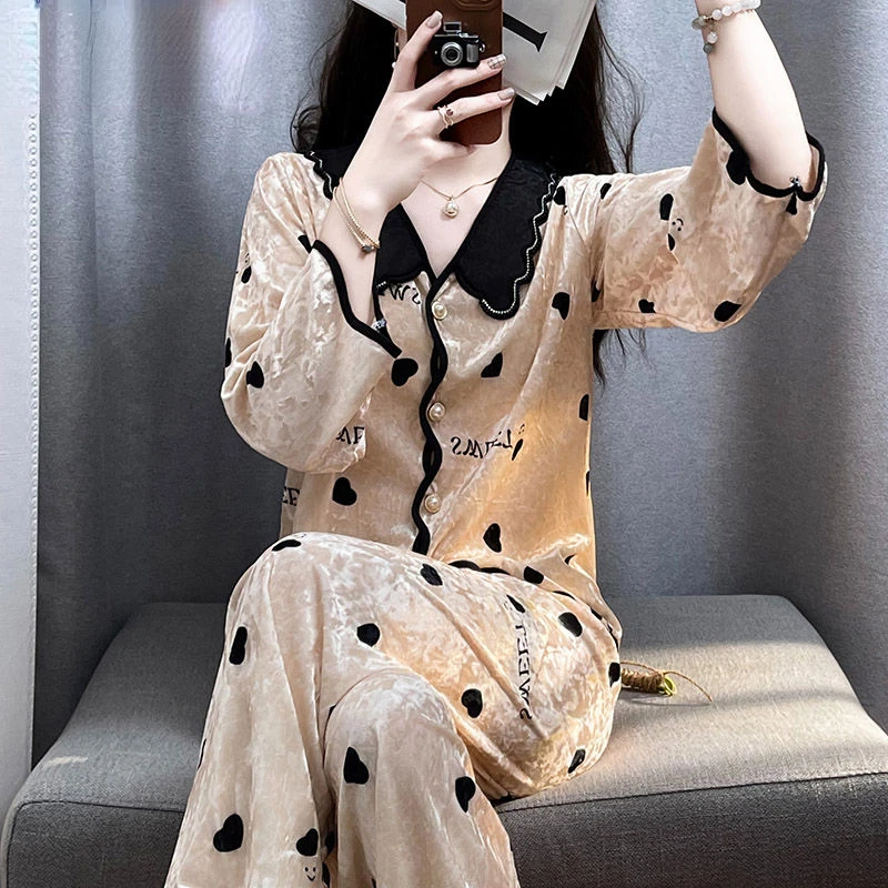 Luxury Designer Clothing Sleepwear Women Pajama Sets Lace Kawaii Clothing Korean Chic Long Sleeve Pants Homewear Sets Pijama
