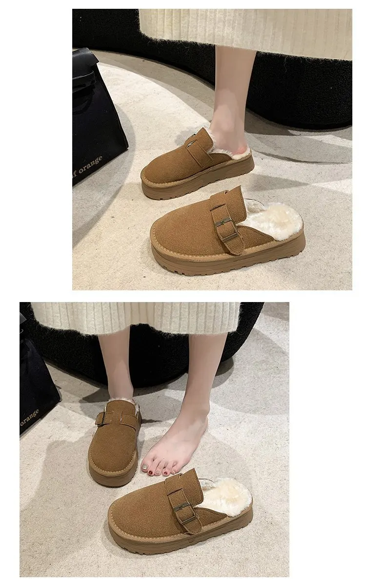 Baotou plush slippers for women wearing new winter comfortable and casual home thickened mid heel thick soled snow boots