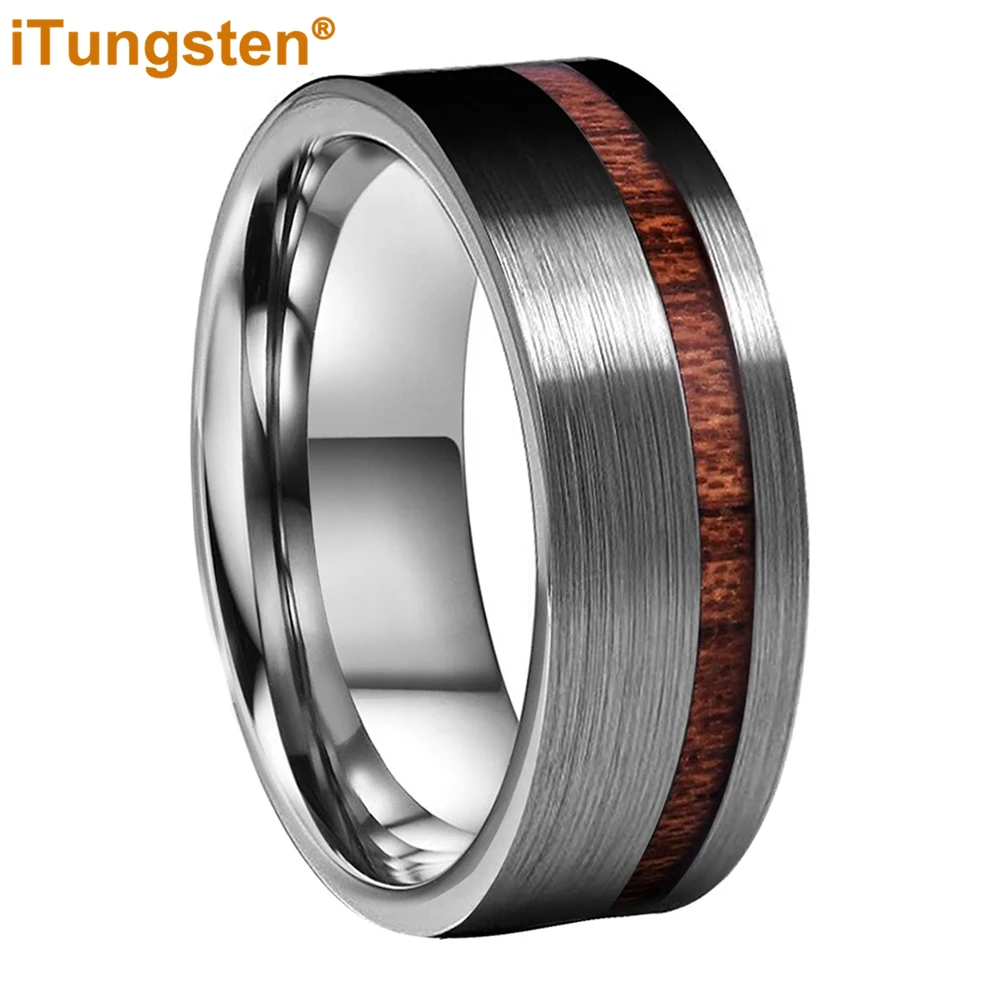 iTungsten 8mm Men Women Classic Tungsten Carbide Ring Flat Wedding Band With Real Wood Inlay Comfort Fit 6