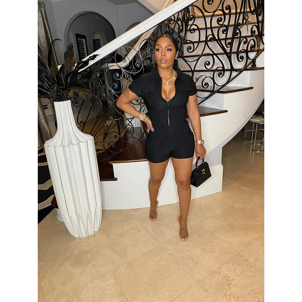 Women's Solid Color Jumpsuit 2023 Summer New Zipper Pocket Cargo Shorts Fashion Casual Romper One Piece Party Clubwear