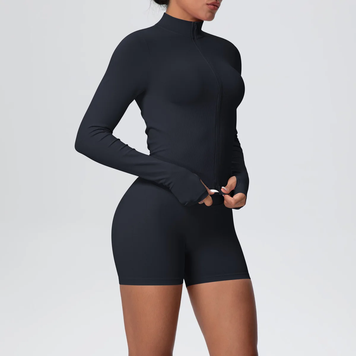 Women Gym Set - Seamless Yoga Suit With Zip Shirt & Cycling Shorts Activewear