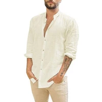 100% Cotton Linen Hot Sale Men's Long-Sleeved Shirts Summer Solid Color  Stand-Up Collar Casual Beach Style Plus Size 1