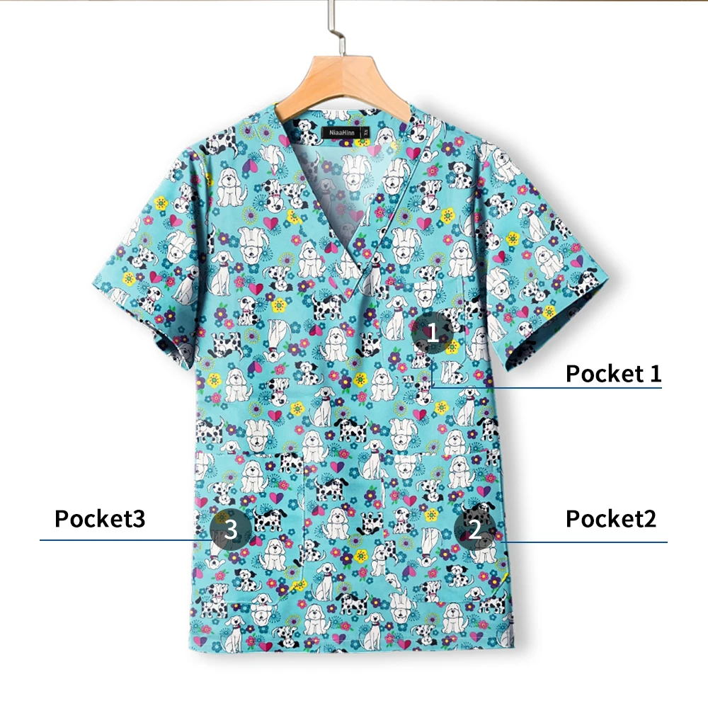 Nurse Scrubs Top Cotton Print V-neck Short Sleeved For Medical Work