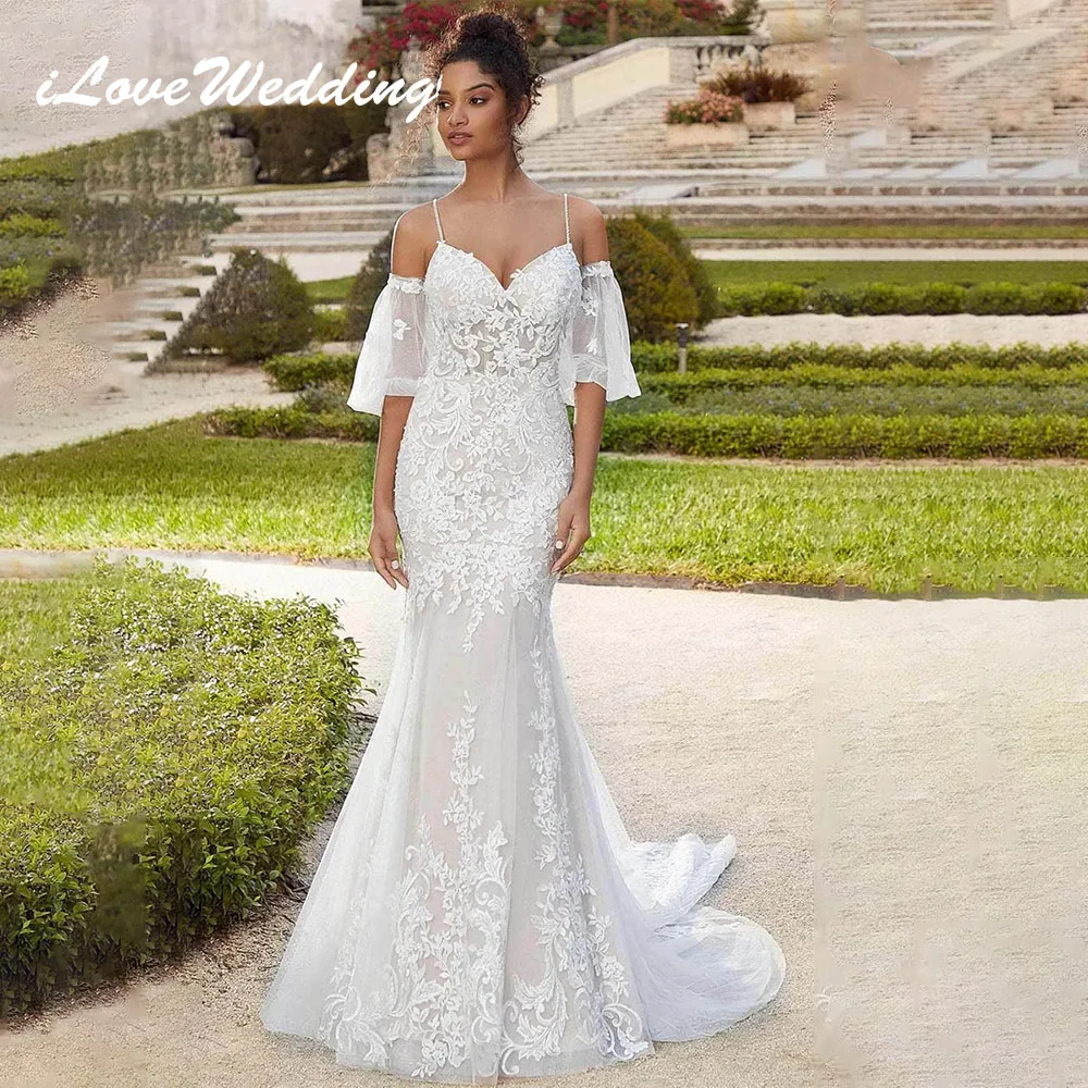 

ILoveWedding Romantic Mermaid Wedding Dress Spaghetti Straps Lace Appliques Detachable Short Sleeves V-Neck Bride Gown Backless