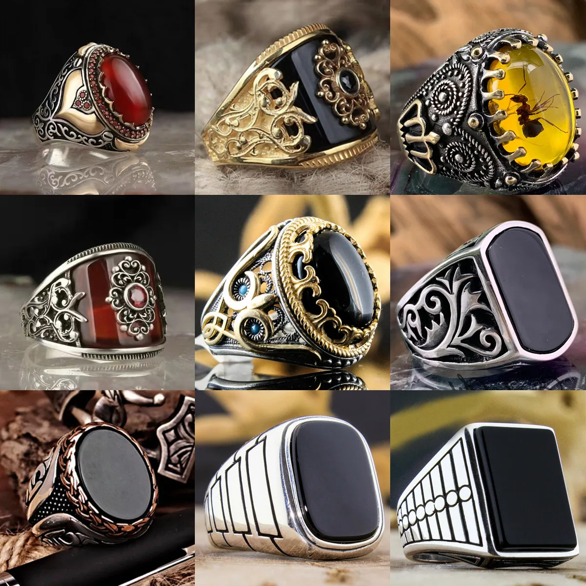 Turkish Handmade Silver Men Rings Vintage Carved Eagle Pattern Black Zircon Stone Punk Muslim Jewelry