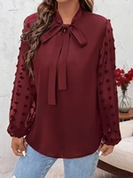 Plus Size Spring Autumn Women Elegant Bow Tie Neck Shirt Office Lady Fashion Solid Curve Clothing Casual Long Sleeve Tops - Image 2