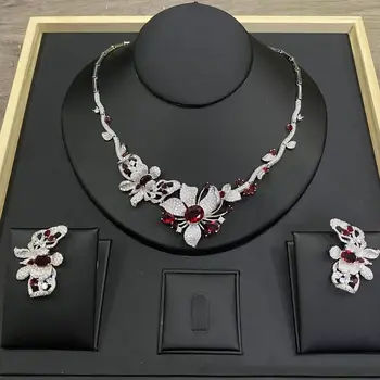 Red CZ Jewellery Elegant Flower and Butterfly Design Necklace Set For Women Party Prom Wedding Graduation Dress Accessories 1