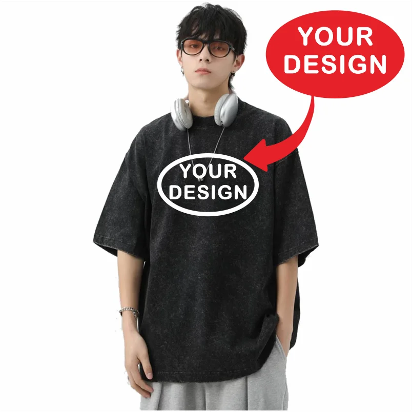 Customized T-shirt With Your Logo Hip-hop Street Men's 100% Pure Cotton Loose Fit Distressed Printed Embroidery Personalized Top 3
