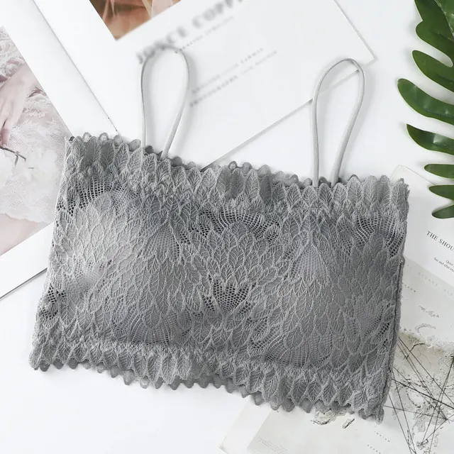 2021 Female Summer Crop Tank Top Women Fashion Deep V Lace Bras Embroidery Floral Tank Top Bra Wrapped Chest Camisole Padded Bra grey 3