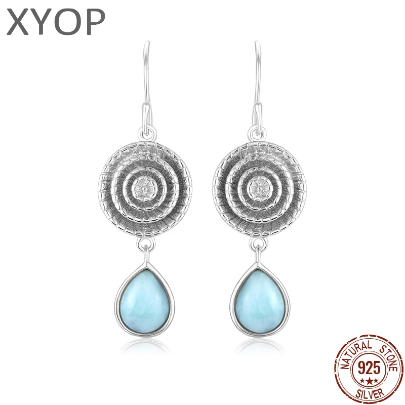 

The New 2021 Retro Flower Round Charm 925 Sterling Silver Jewelry Gift Classic Natural Precious Larimar Earrings for Women