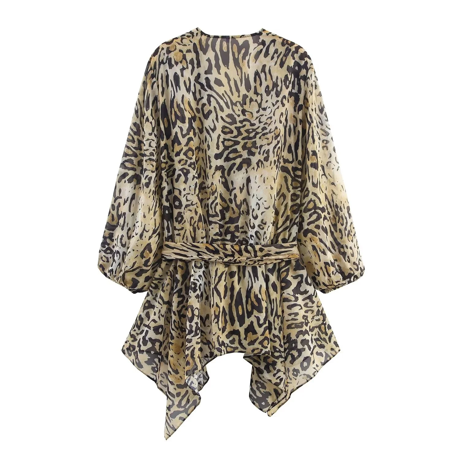 Women Blouse Spring And Autumn New Fashion With Leopard Printed Fabric Asymmetrical Top Retro V-Neck Women'S Long Sleeved Blouse