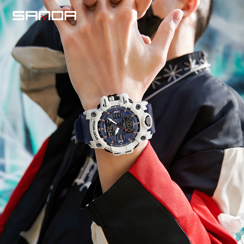 SANDA Dual Display Men Watches Waterproof Sports Watch Military Man Alarm Stopwatch Quartz Wristwatch Male LED Digital Clock6126 6
