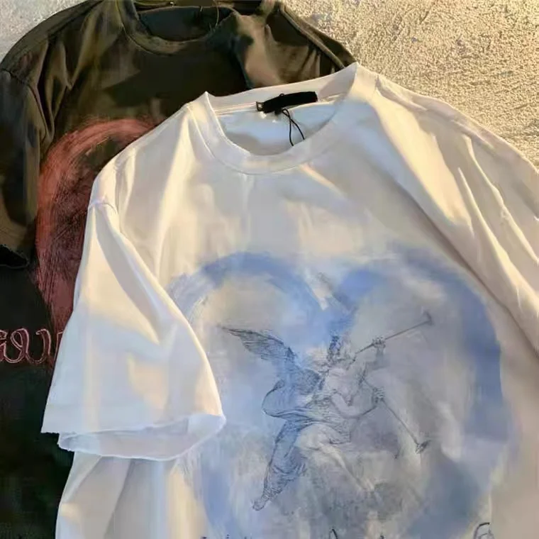 

2022 New Summer Women's T Shirt Retro Gothic Butterfly Angel Print Short Sleeve Oversized T Shirt Y2k Hip Hop Streetwear Tops
