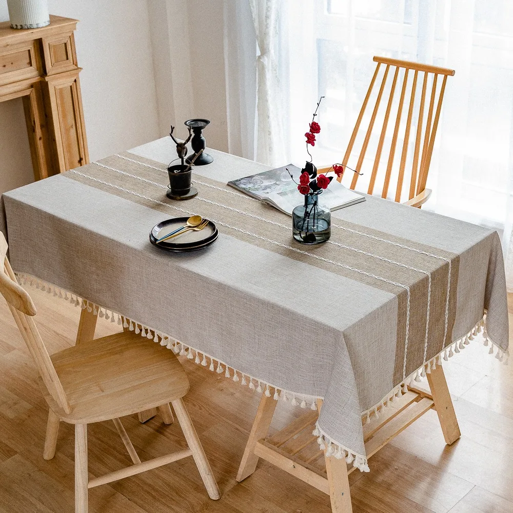 Kitchen Decoration Burlap Rustic Tablecloth Waterproof Wearable Table Cover with Tassel Table Protecter Restaurant